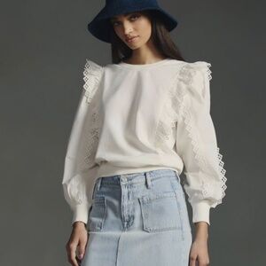 By Anthropologie Ruffle Sleeve Lace Trimmed Sweatshirt White Cream Size Medium